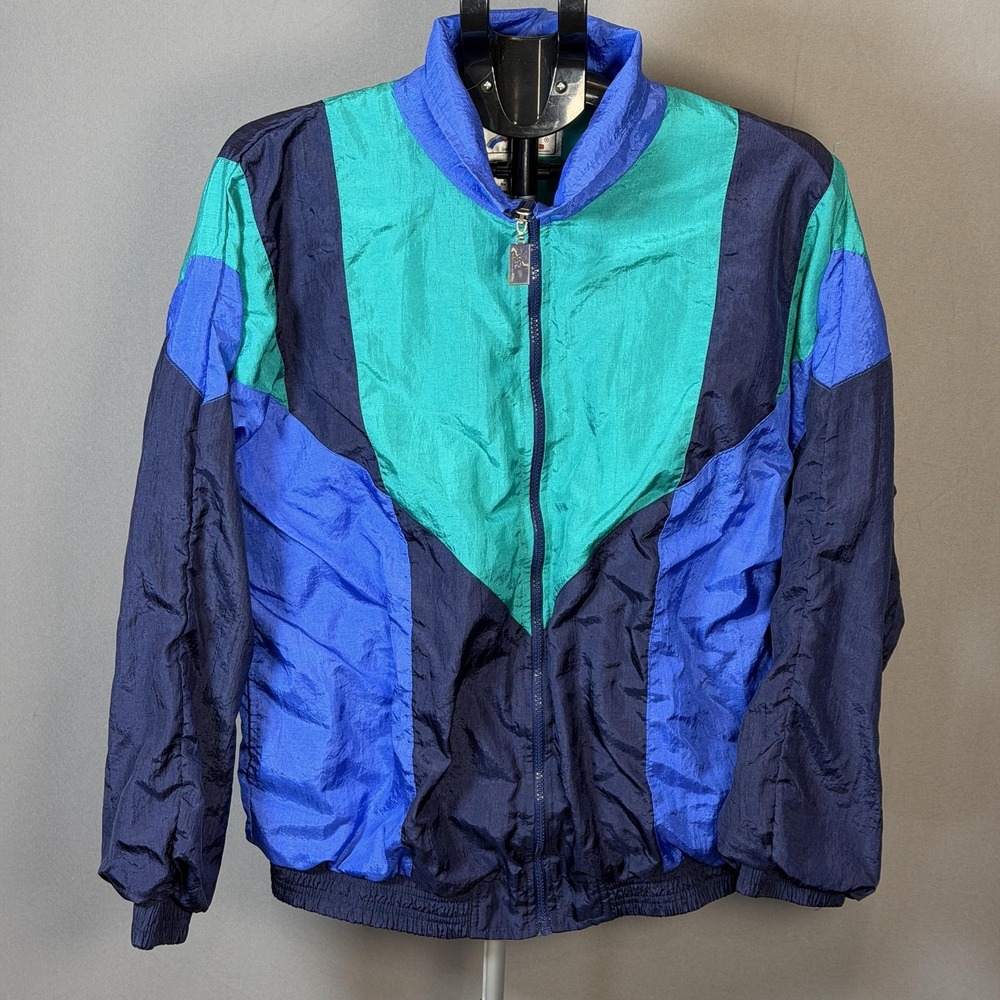 Vintage Vizby Jacket Mens Large Blue Green Nylon Colorblock Windbreaker 90s